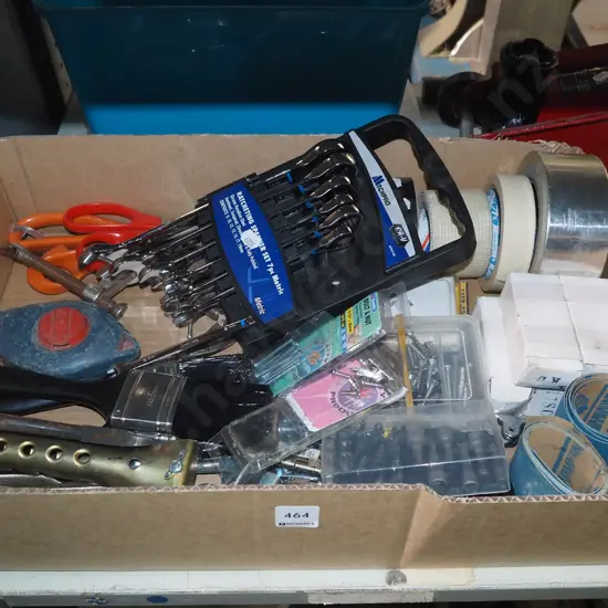 box; scissors, paint brushes, scraper, screws etc