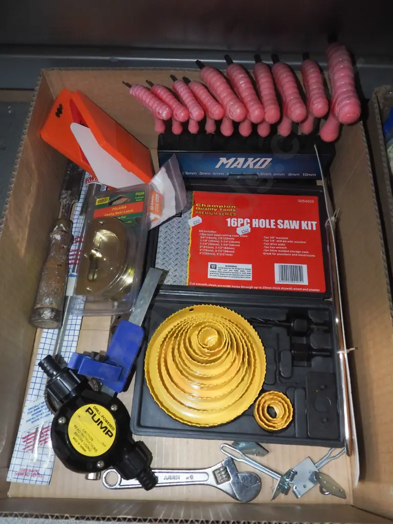 box; hole saw set, hex key set, drill powered pump etc Image 1++