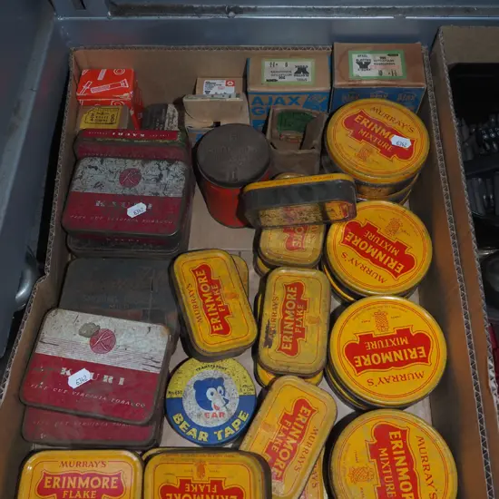 box; tobacco tins, contents; screws, nails etc