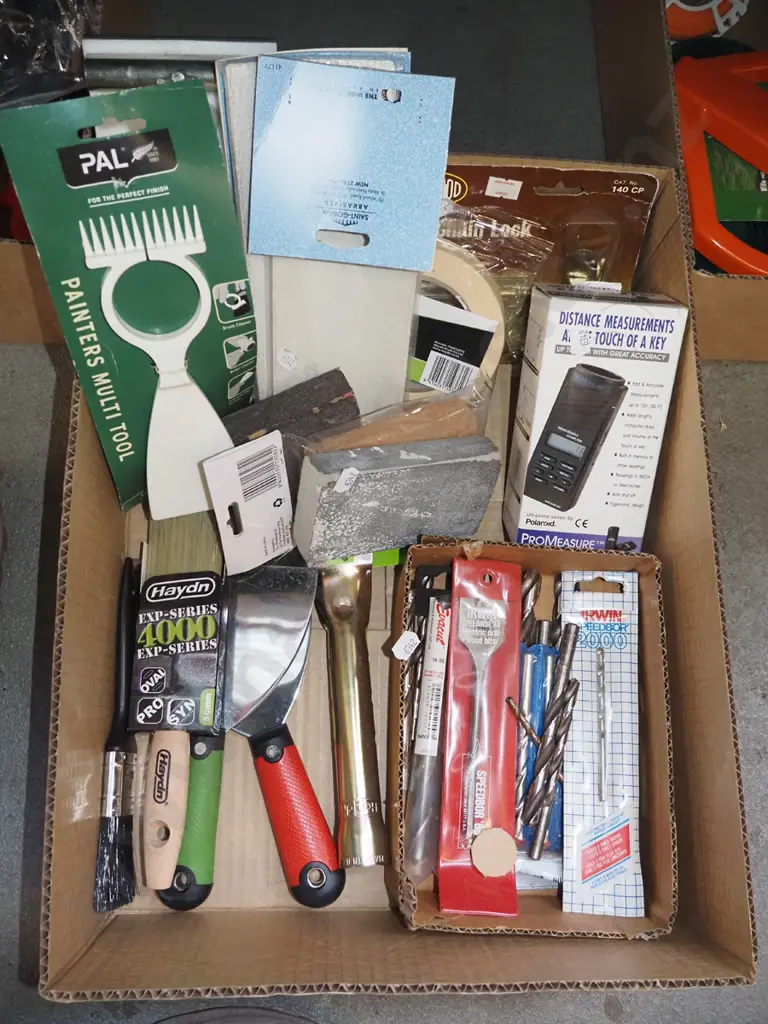 box; sand paper, hand sander, paint brushes, drill bits etc Image 1++