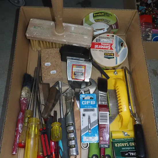 box; screwdrivers, paint scrapers, hand sander etc