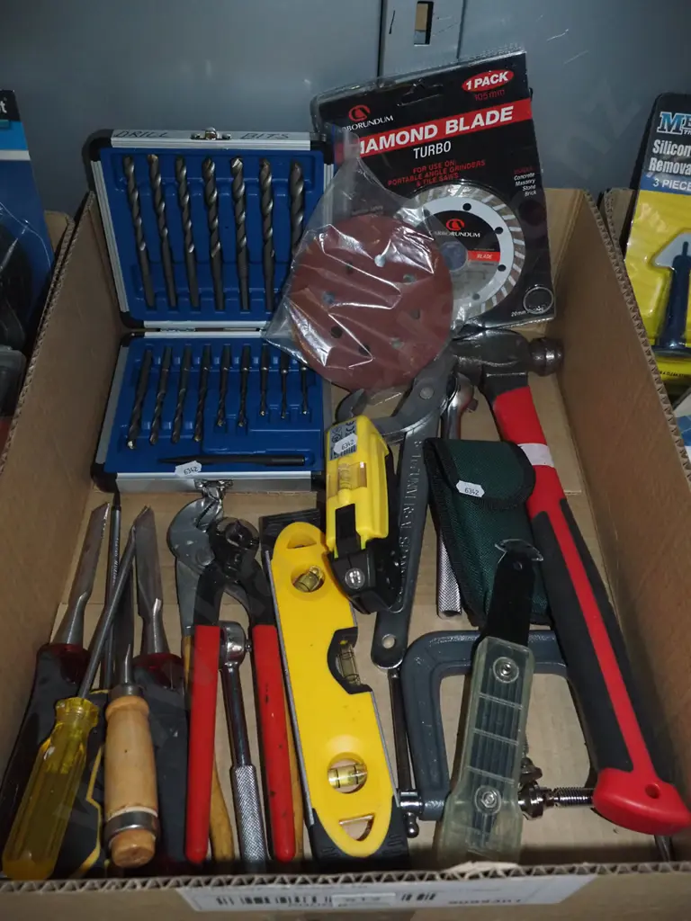 box; drill bits, plumbers, wrench, large ball peen hammer etc Image 1++