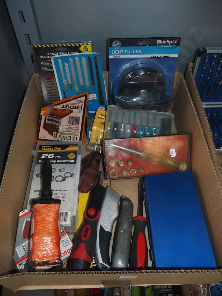 box; dent puller, screwdrivers, hose clamps, drill bits etc Image 1++