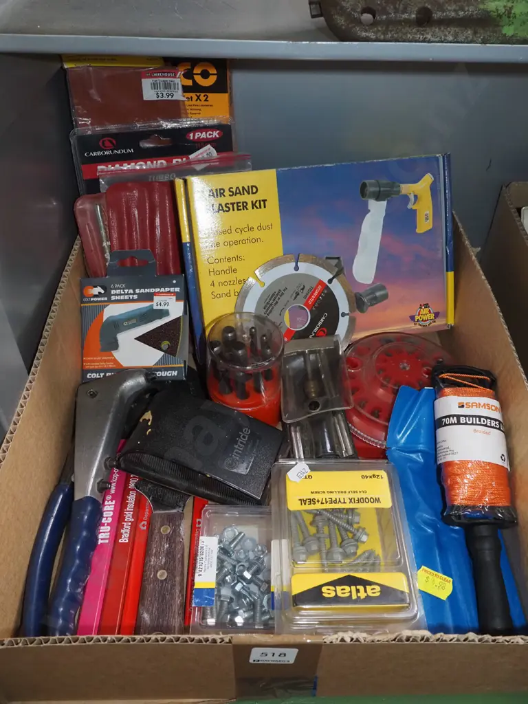 box; air sand blaster kit, builder's pencils, pop rivetter etc Image 1++
