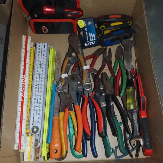 box; builder's rules, pliers, hex and torque key sets etc