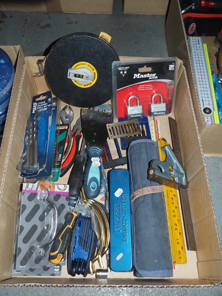 box; 30m tape measure, padlocks, impact driver, paint scrapers etc Image 1++