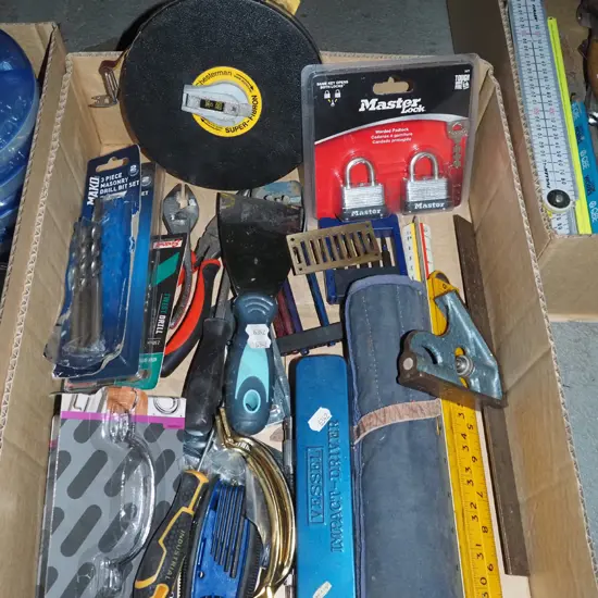 box; 30m tape measure, padlocks, impact driver, paint scrapers etc