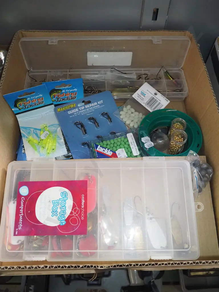 box; guide tip repair kit, soft baits, lures, hookds etc Image 1++