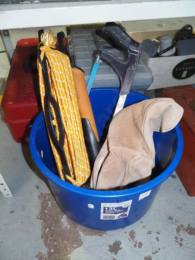 blue bucket of rope, hammer, hack saw, gloves Image 1++