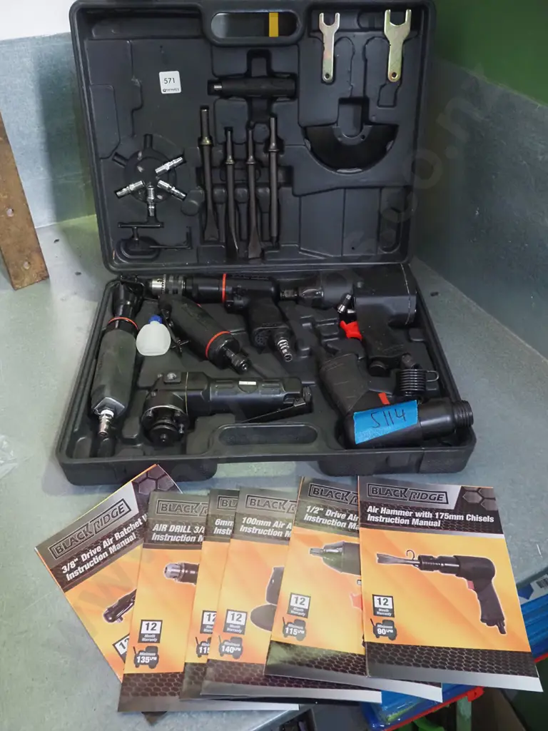 cased Blackridge air powered tool sets; drill, ratchet wrench, die grinder, angle grinder, impact wrench, air hammer Image 1++