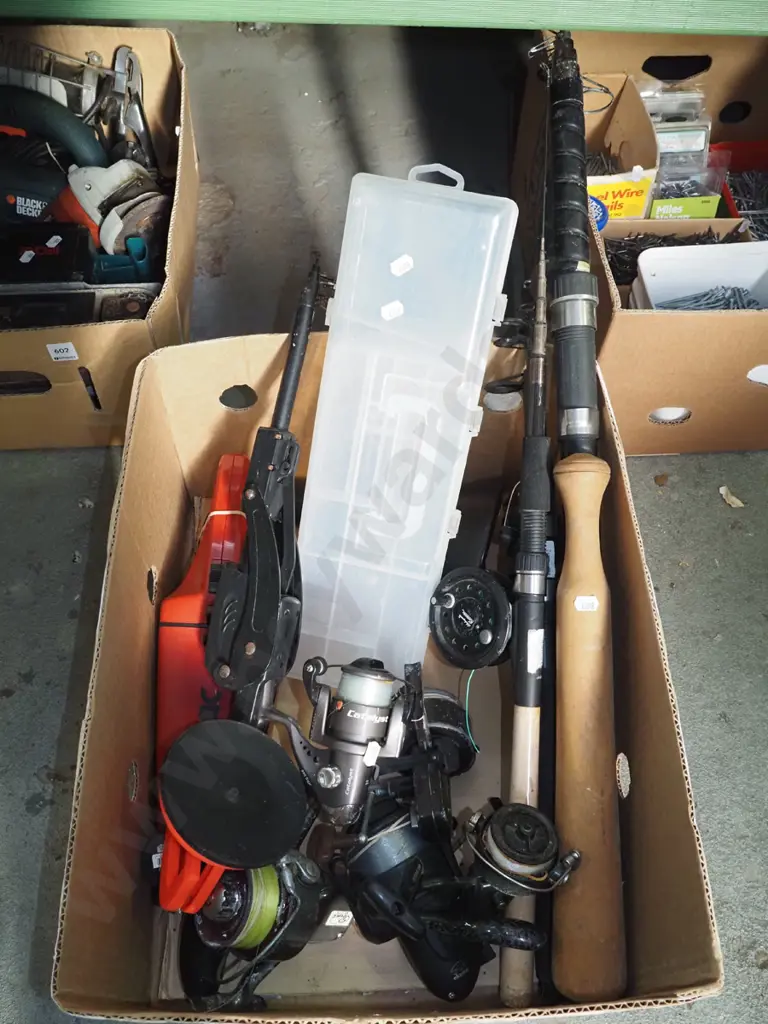 box; fishing rods, reels, tackle box etc Image 1++