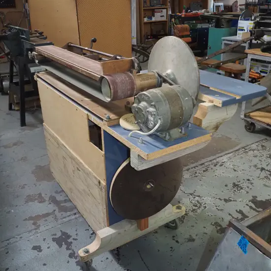 large sanding station on homemade wooden stand Circle diam-350 Belt sander L-1070