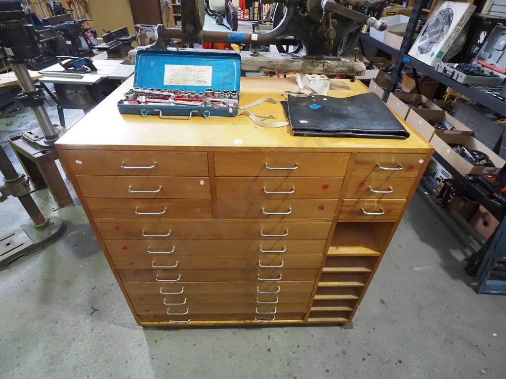 solid rimu and chipboard chest with 8 plan drawers and 9 smaller drawers plus shelving Image 1++