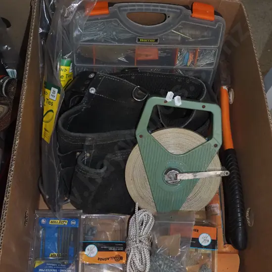 box; builder's belts, nails, cable ties etc