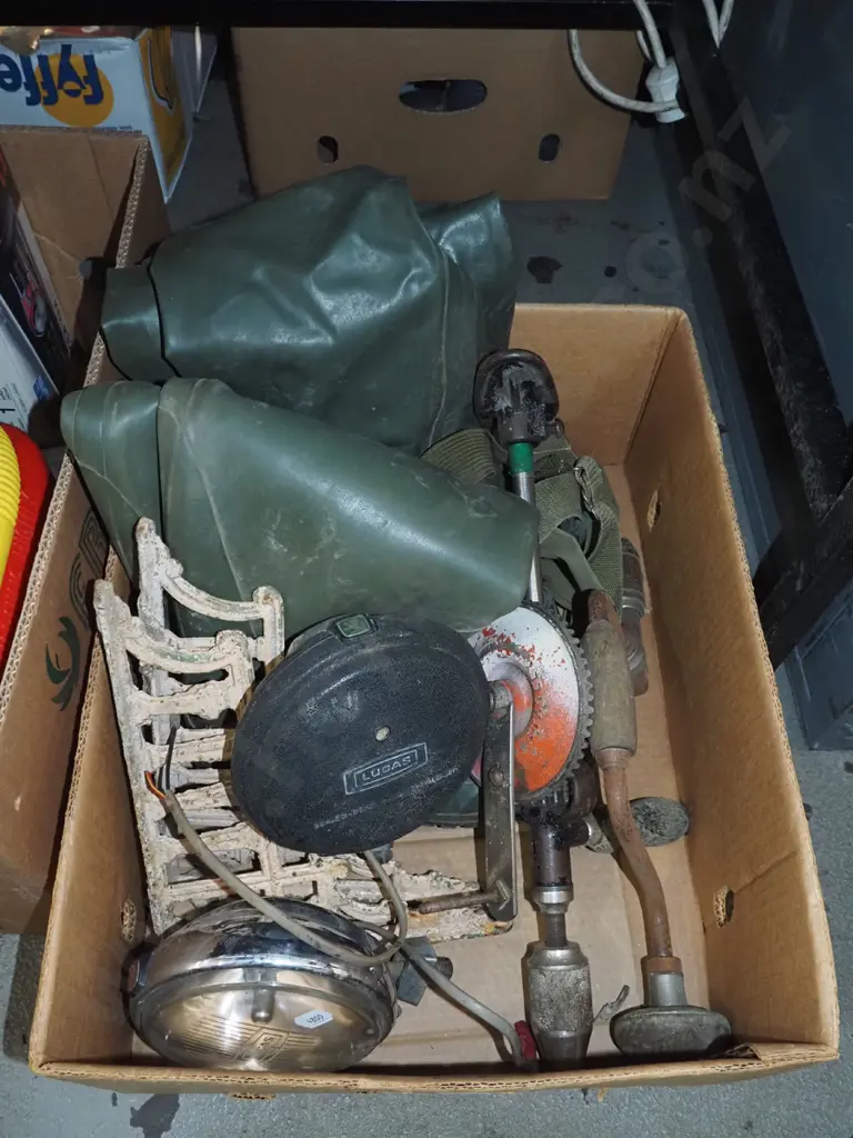 box; waders, hand operated drill, car lights etc Image 1++
