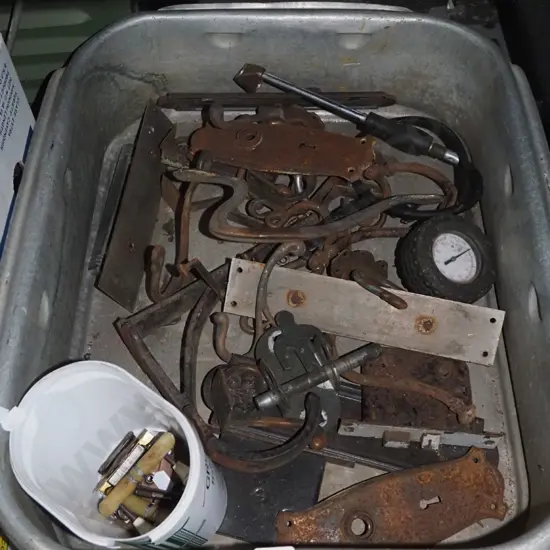 aluminium roasting dish, rusty door hardware etc