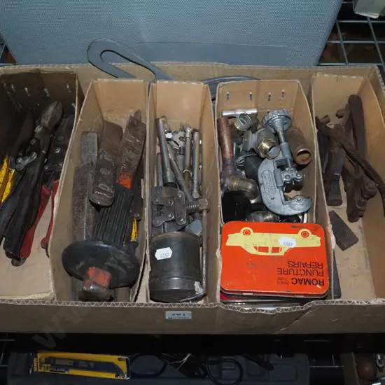 box; pipe cutters, tin snips, cold chisels etc