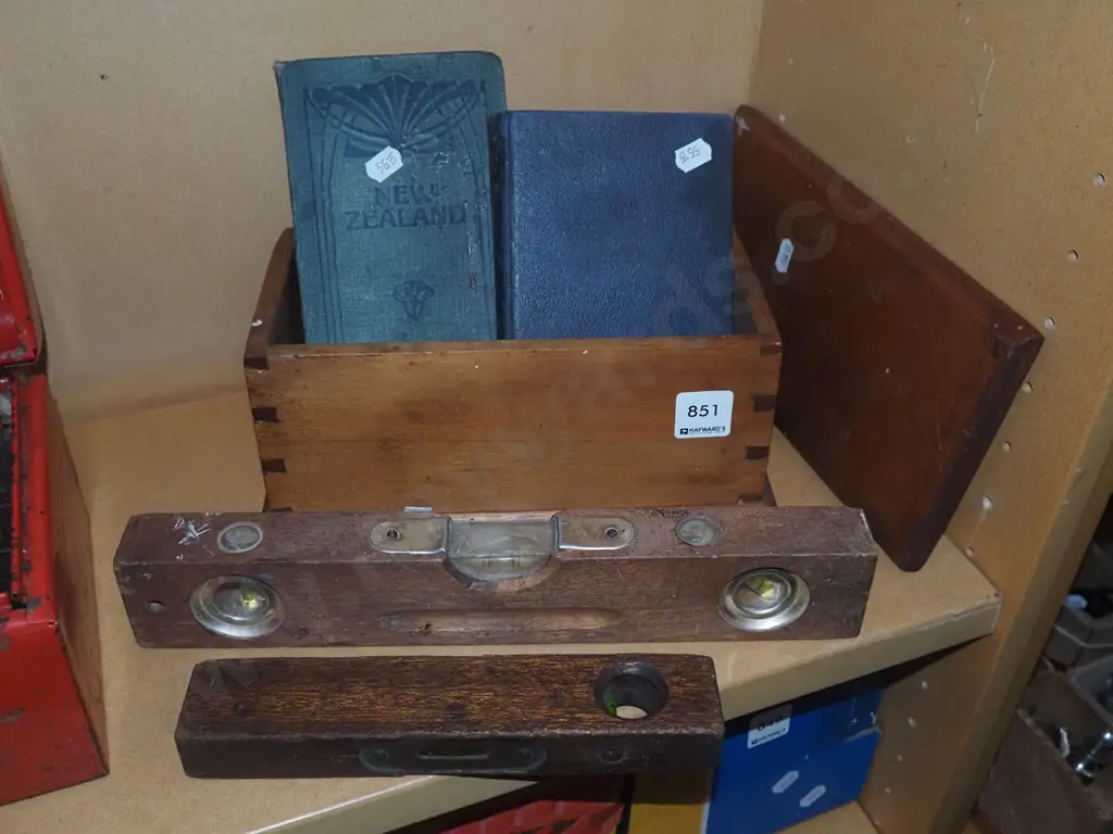 vintage map engineer's book, builder's level, lidded wooden box Image 1++