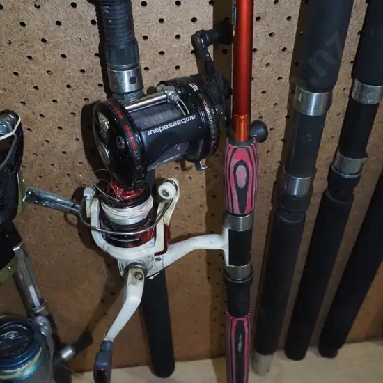 2x fishing rods and reels - blue dots