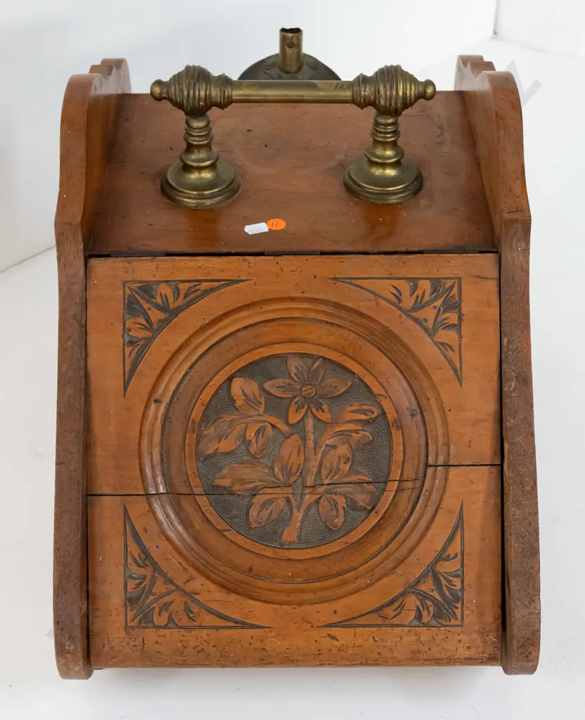 vintage coal bin with chip-carved lid, brass top handle, tin liner - has had crack repaired on lid, handle missing from Image 1++