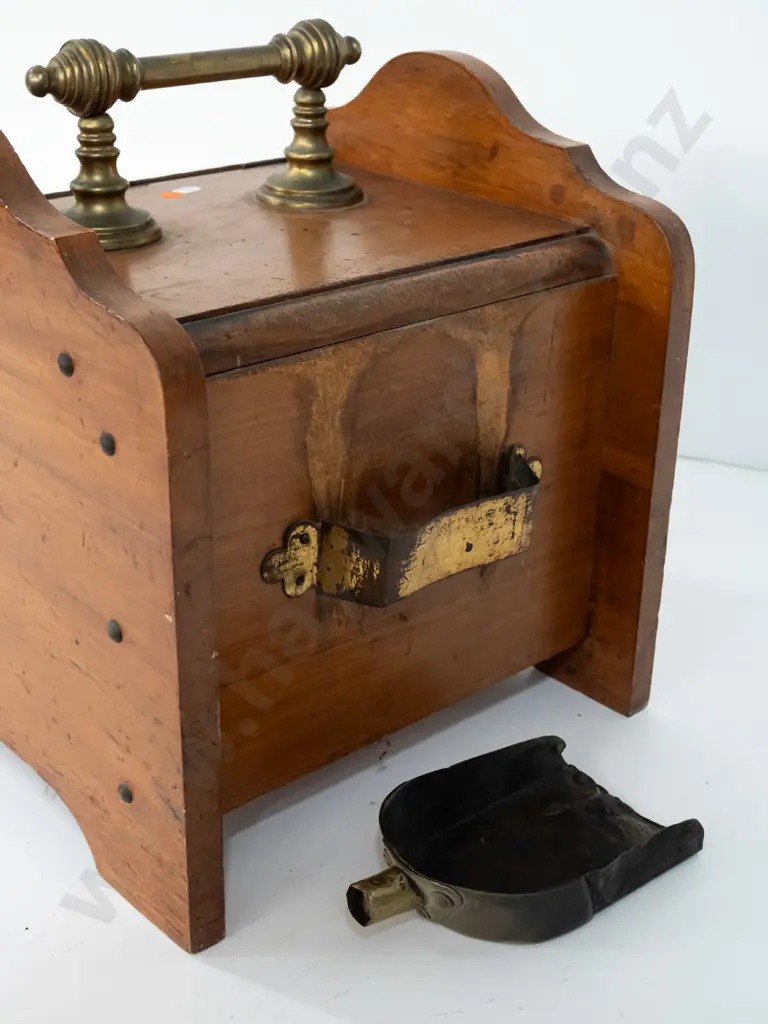 vintage coal bin with chip-carved lid, brass top handle, tin liner - has had crack repaired on lid, handle missing from Image 1++