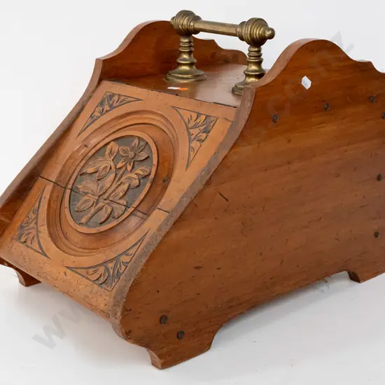 vintage coal bin with chip-carved lid, brass top handle, tin liner - has had crack repaired on lid, handle missing from