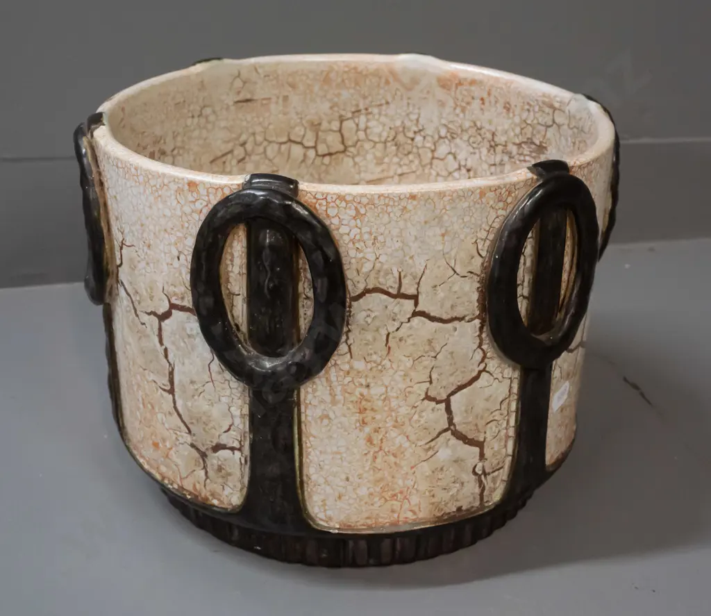 retro Czechoslovakian jardiniere with crackle finish panels, black hoop motifs - staining & crazing inside H-200 D-240 Image 1++