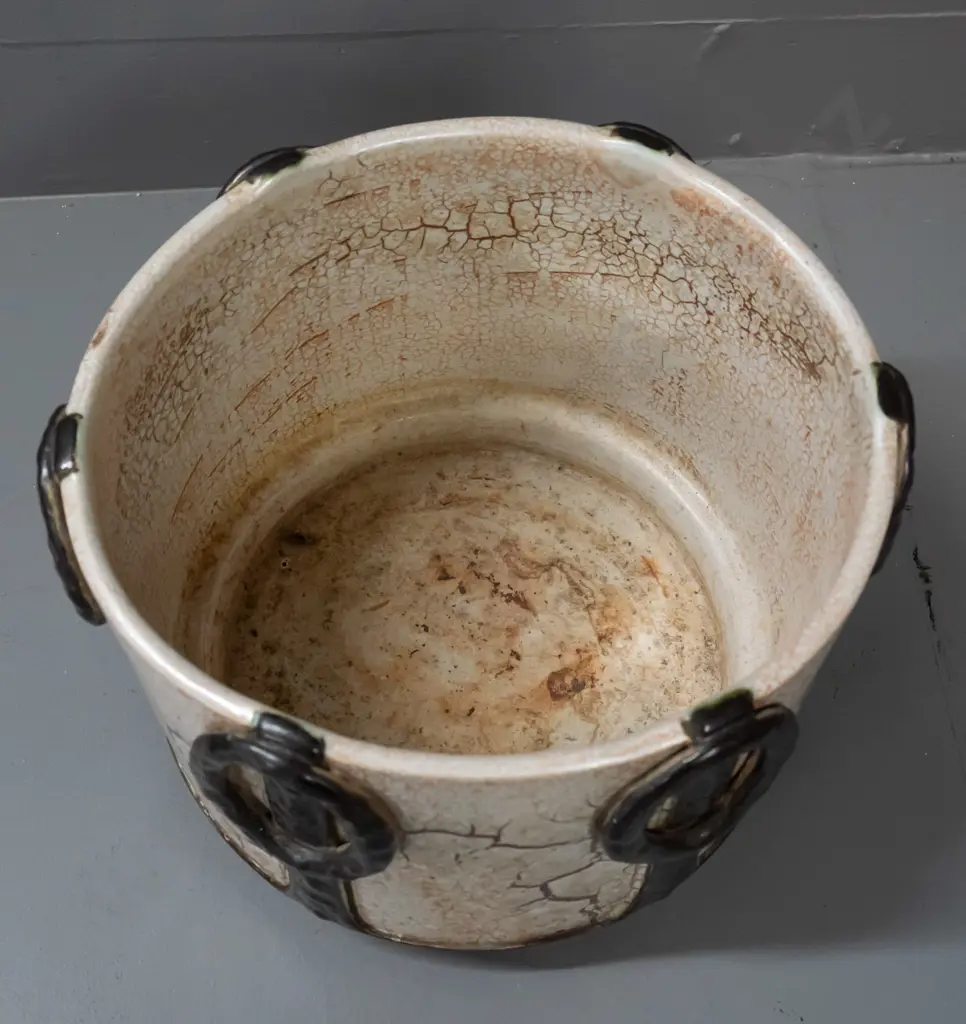 retro Czechoslovakian jardiniere with crackle finish panels, black hoop motifs - staining & crazing inside H-200 D-240 Image 1++