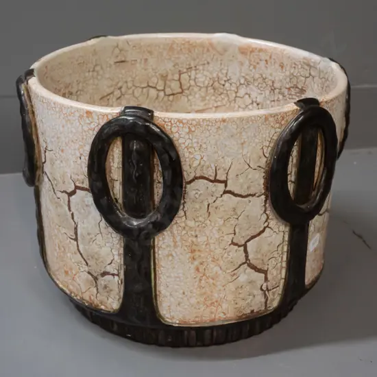 retro Czechoslovakian jardiniere with crackle finish panels, black hoop motifs - staining & crazing inside H-200 D-240