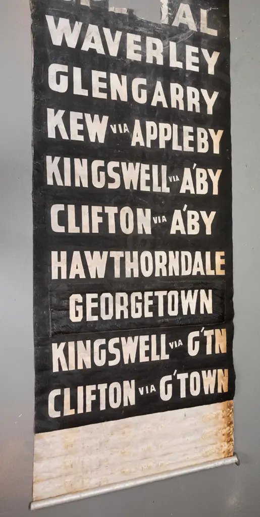 vintage Invercargill fabric bus blind on metal rollers - white on black lettering, significant wear and areas of damage, Image 1++