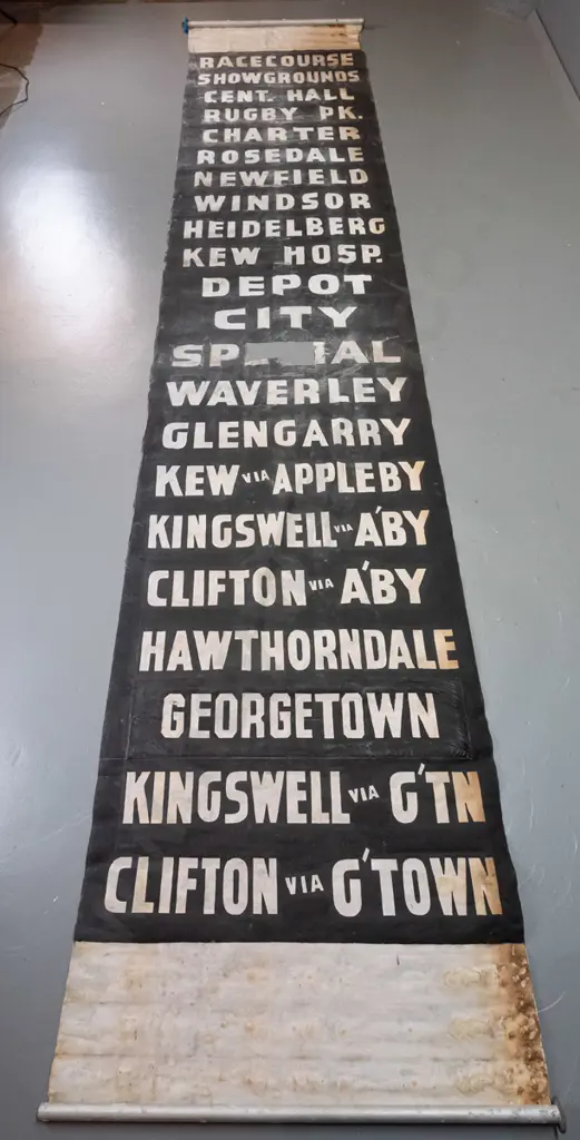 vintage Invercargill fabric bus blind on metal rollers - white on black lettering, significant wear and areas of damage, Image 1++