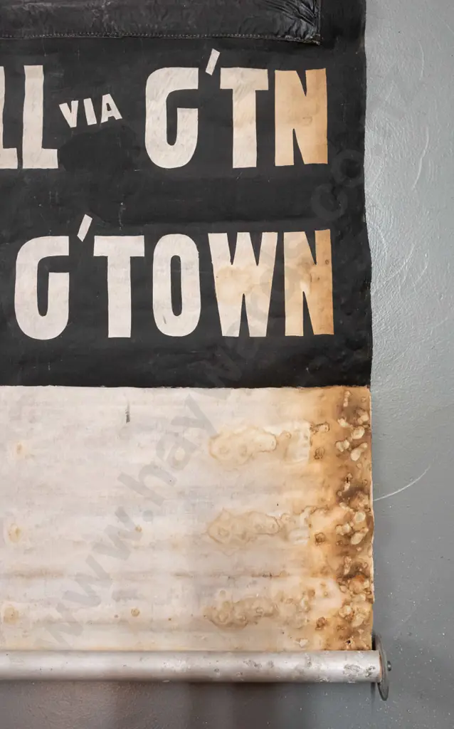 vintage Invercargill fabric bus blind on metal rollers - white on black lettering, significant wear and areas of damage, Image 1++