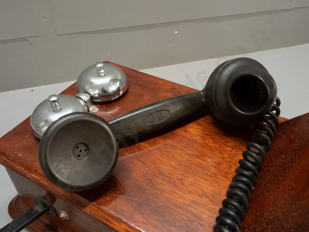 vintage wood-cased hand crank telephone with TEL (Beeston Notts England) logo on handset H-390 W-225 D-235 Image 1++