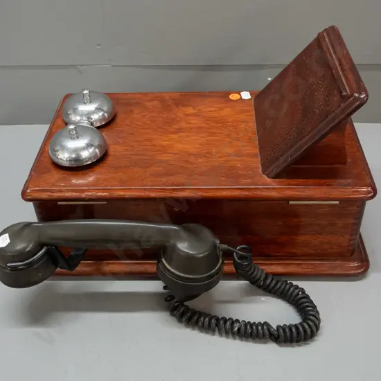 vintage wood-cased hand crank telephone with TEL (Beeston Notts England) logo on handset H-390 W-225 D-235