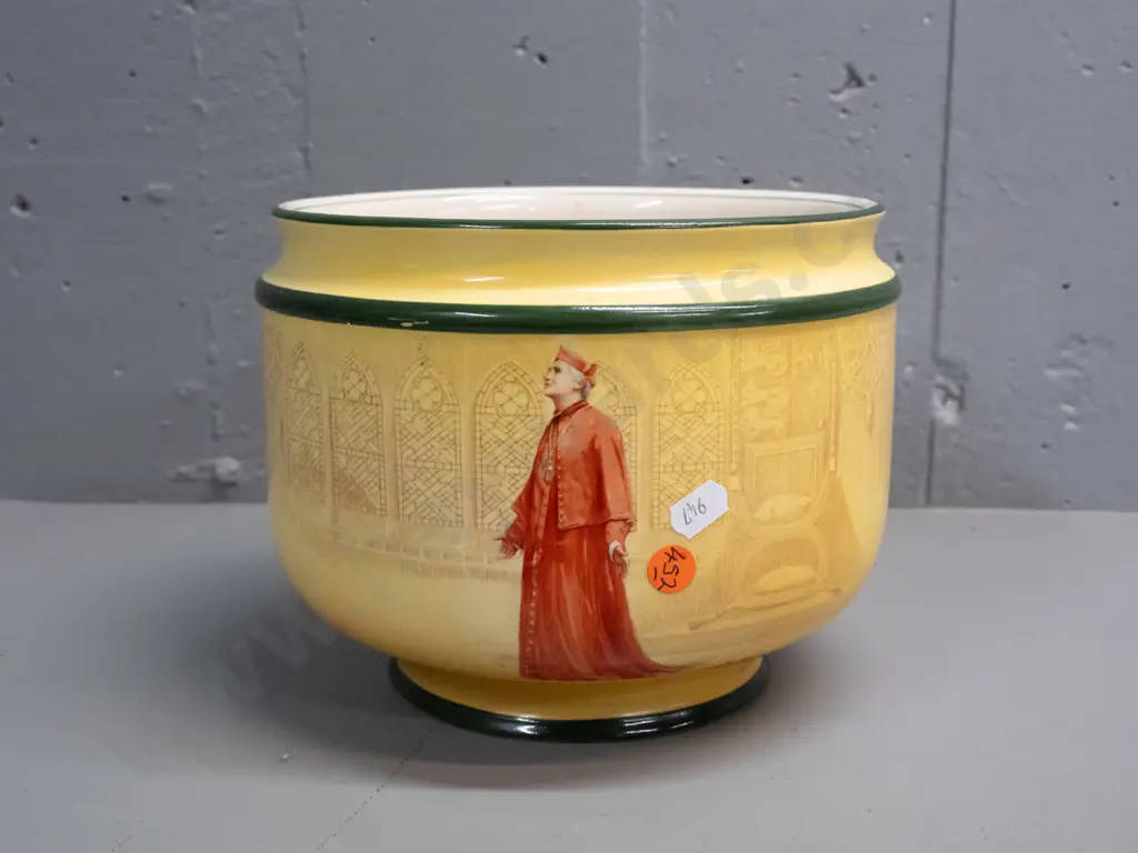 Royal Doulton Shakespeare jardiniere - Katharine and Wolsey - some loss to green banding and crazing H-170 D-210 Image 1++
