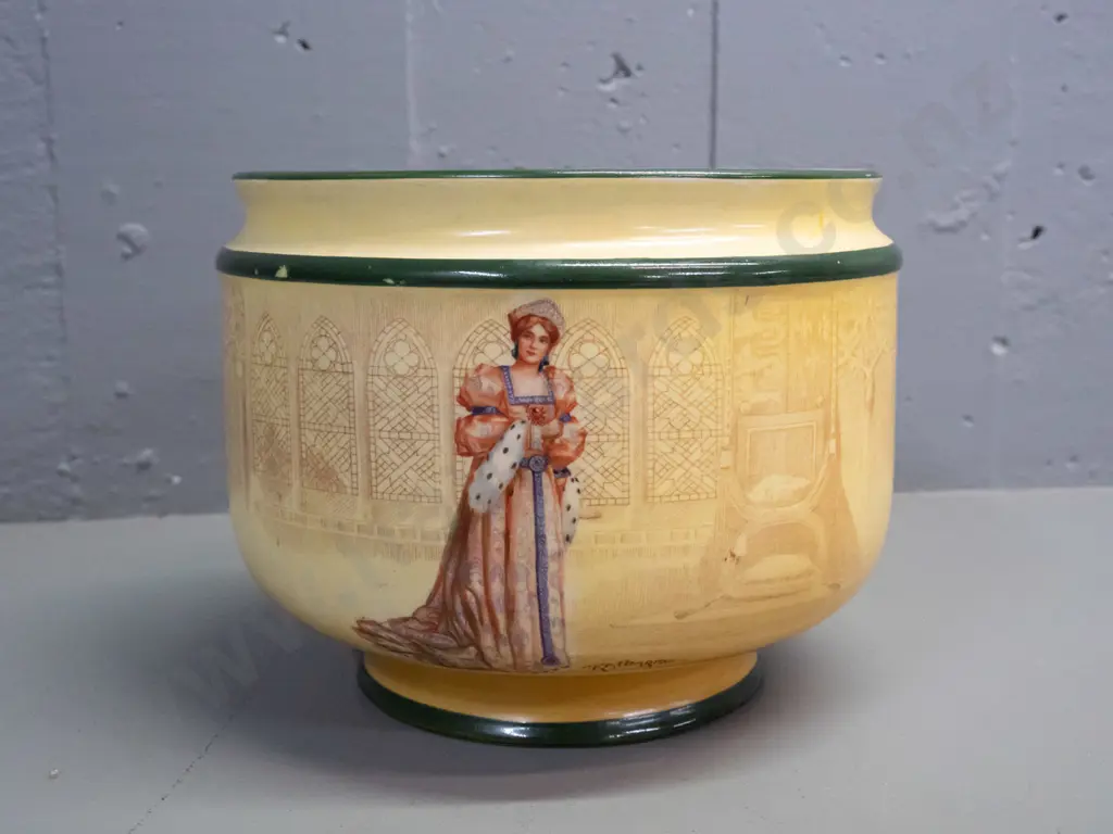 Royal Doulton Shakespeare jardiniere - Katharine and Wolsey - some loss to green banding and crazing H-170 D-210 Image 1++