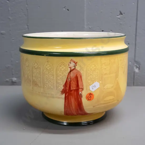 Royal Doulton Shakespeare jardiniere - Katharine and Wolsey - some loss to green banding and crazing H-170 D-210