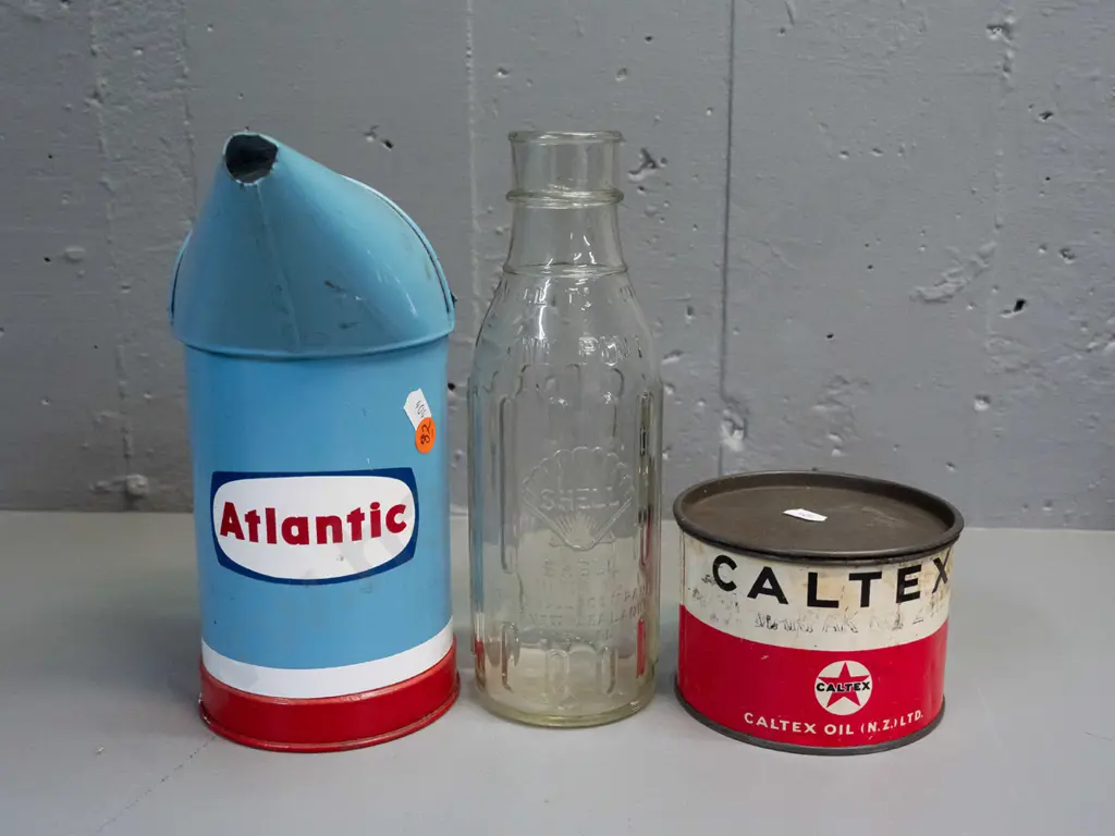 Shell New Zealand pint oil bottle, Atlantic oil pourer with label and a Caltex Oil NZ grease tin with some corrosion & Image 1++