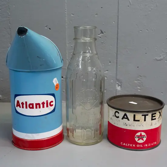 Shell New Zealand pint oil bottle, Atlantic oil pourer with label and a Caltex Oil NZ grease tin with some corrosion &