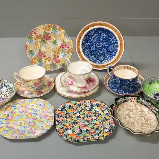 Royal Albert American Beauty trio, Wedgwood blue chintz trio, Maling thumbprint dish and assorted all-over-floral