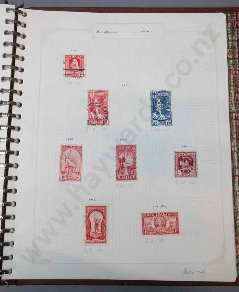 stamp album with assorted New Zealand stamps, from 1874 thru 1960s, w/blue boy and red boy health stamps, etc. Image 1++