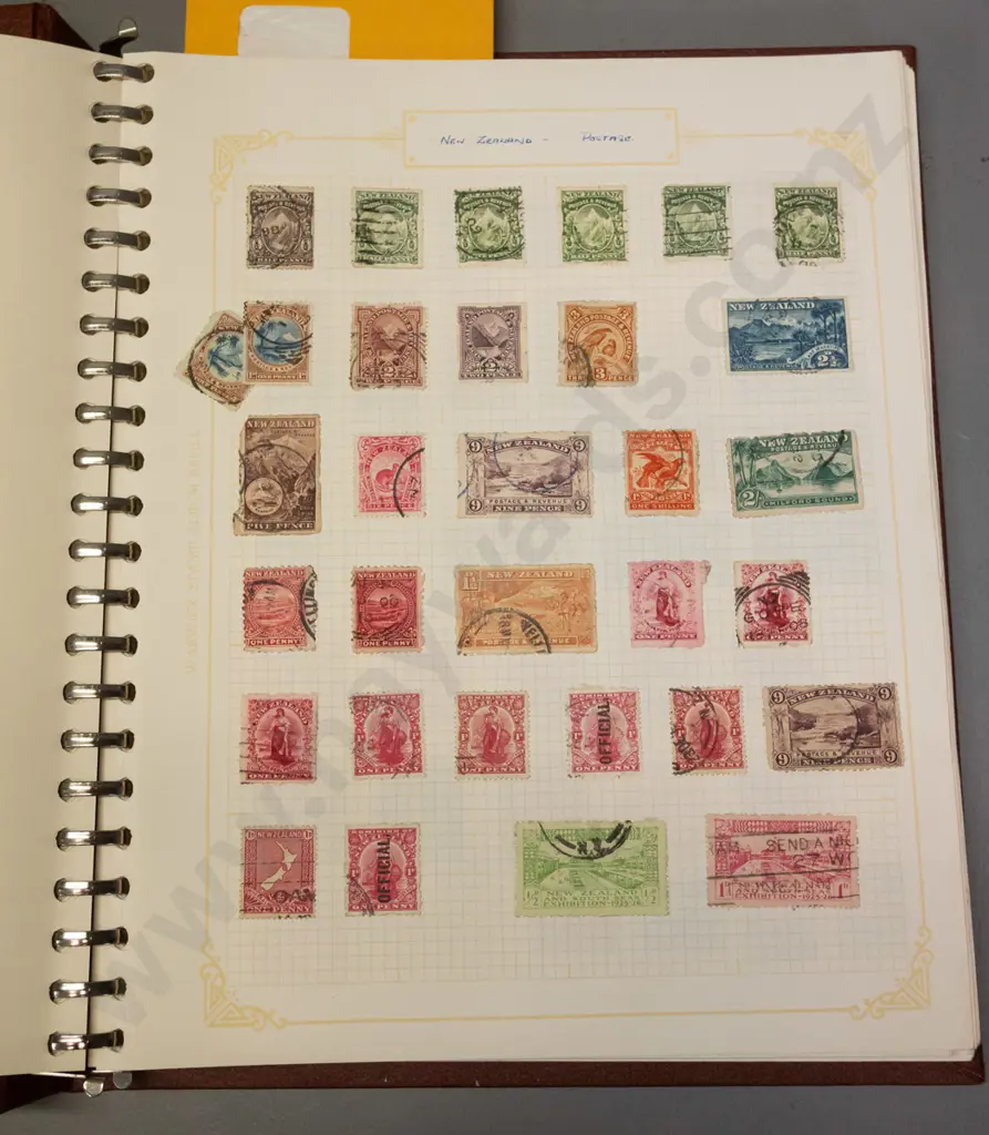 stamp album with assorted New Zealand stamps, from 1874 thru 1960s, w/blue boy and red boy health stamps, etc. Image 1++