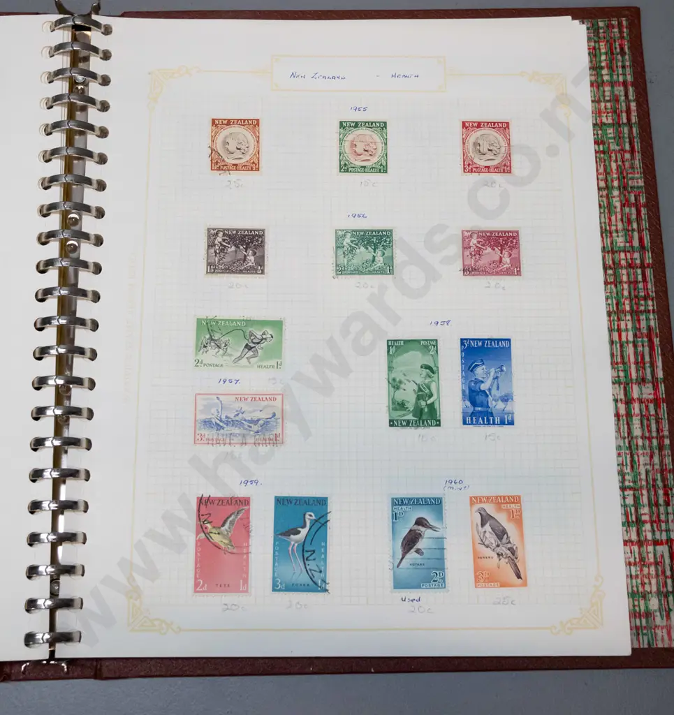 stamp album with assorted New Zealand stamps, from 1874 thru 1960s, w/blue boy and red boy health stamps, etc. Image 1++