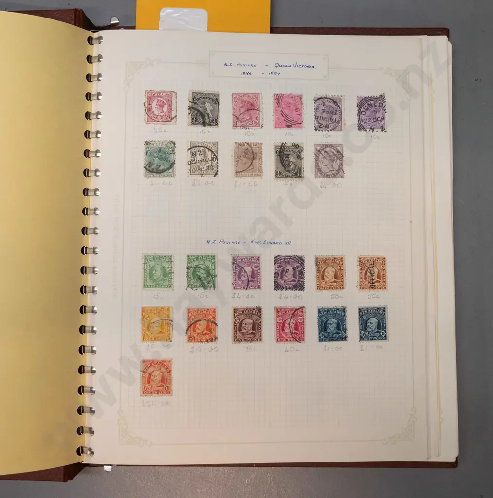 stamp album with assorted New Zealand stamps, from 1874 thru 1960s, w/blue boy and red boy health stamps, etc. Image 1++
