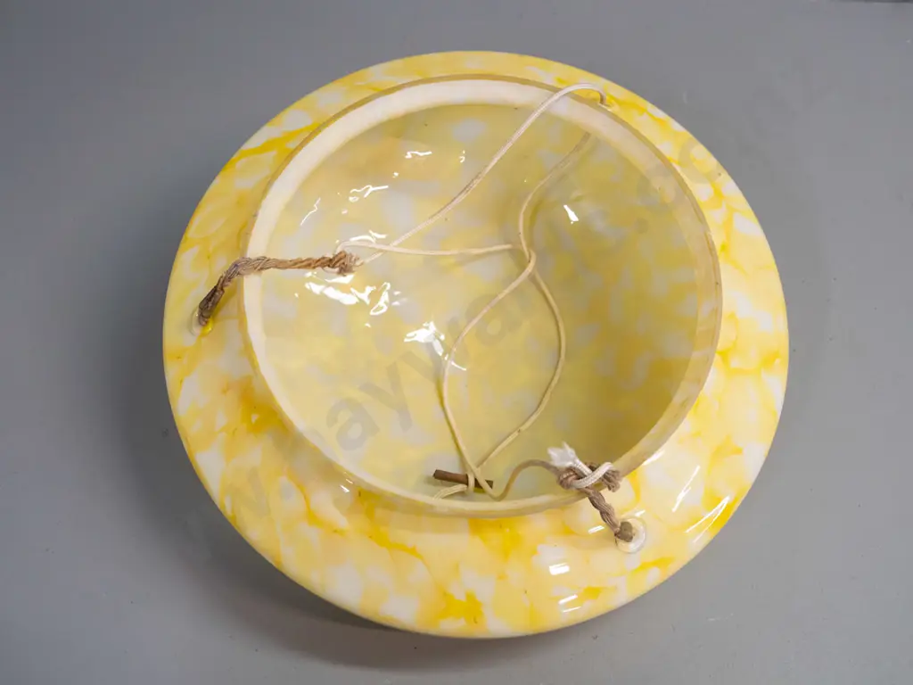vintage bright yellow stipple pattern glass ceiling light shade, no fitting or journal, has hanging cords H-160 D-350 Image 1++