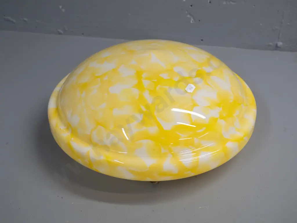 vintage bright yellow stipple pattern glass ceiling light shade, no fitting or journal, has hanging cords H-160 D-350 Image 1++