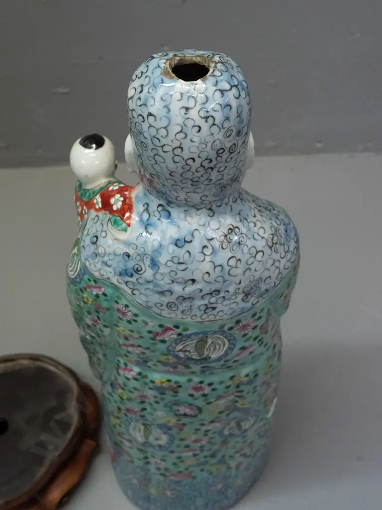 Chinese porcelain lamp base with wooden stand, no lamp fittings, hole thru base. Timber has a few chips. Figure H-490 Image 1++
