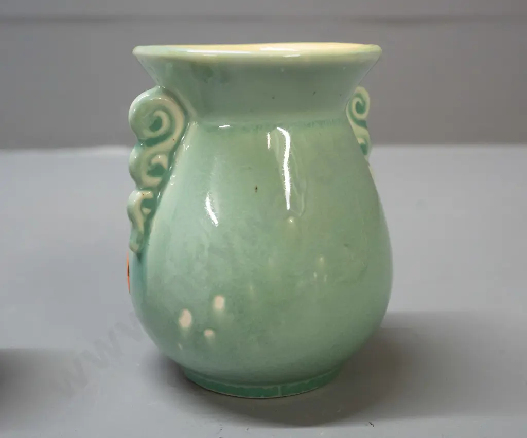 small (Crown Lynn?) vase marked .130. with a small glaze fault H-95 W-85 and 2 pink figural egg cups, one Image 1++