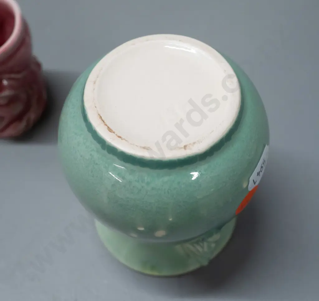 small (Crown Lynn?) vase marked .130. with a small glaze fault H-95 W-85 and 2 pink figural egg cups, one Image 1++