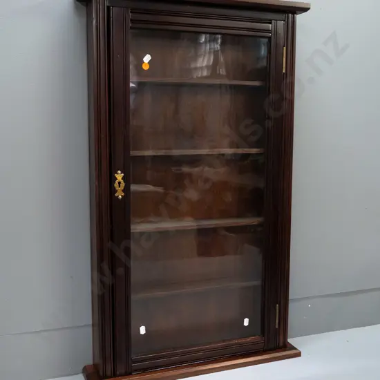 traditional style mixed timber and MDF thin display cabinet with glazed door, 4 shelves, brass escutcheon &